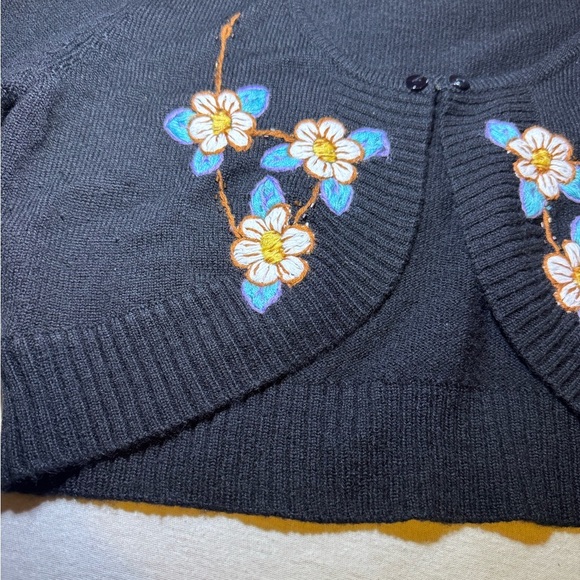 Floral Embroidered Black Cropped Cardigan - Picture 2 of 4